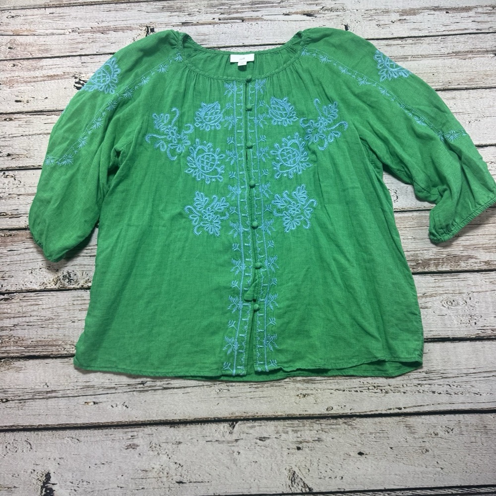 J Jill Women Size M Petite Green Blue Boho Embroidered Blouse Linen Blend